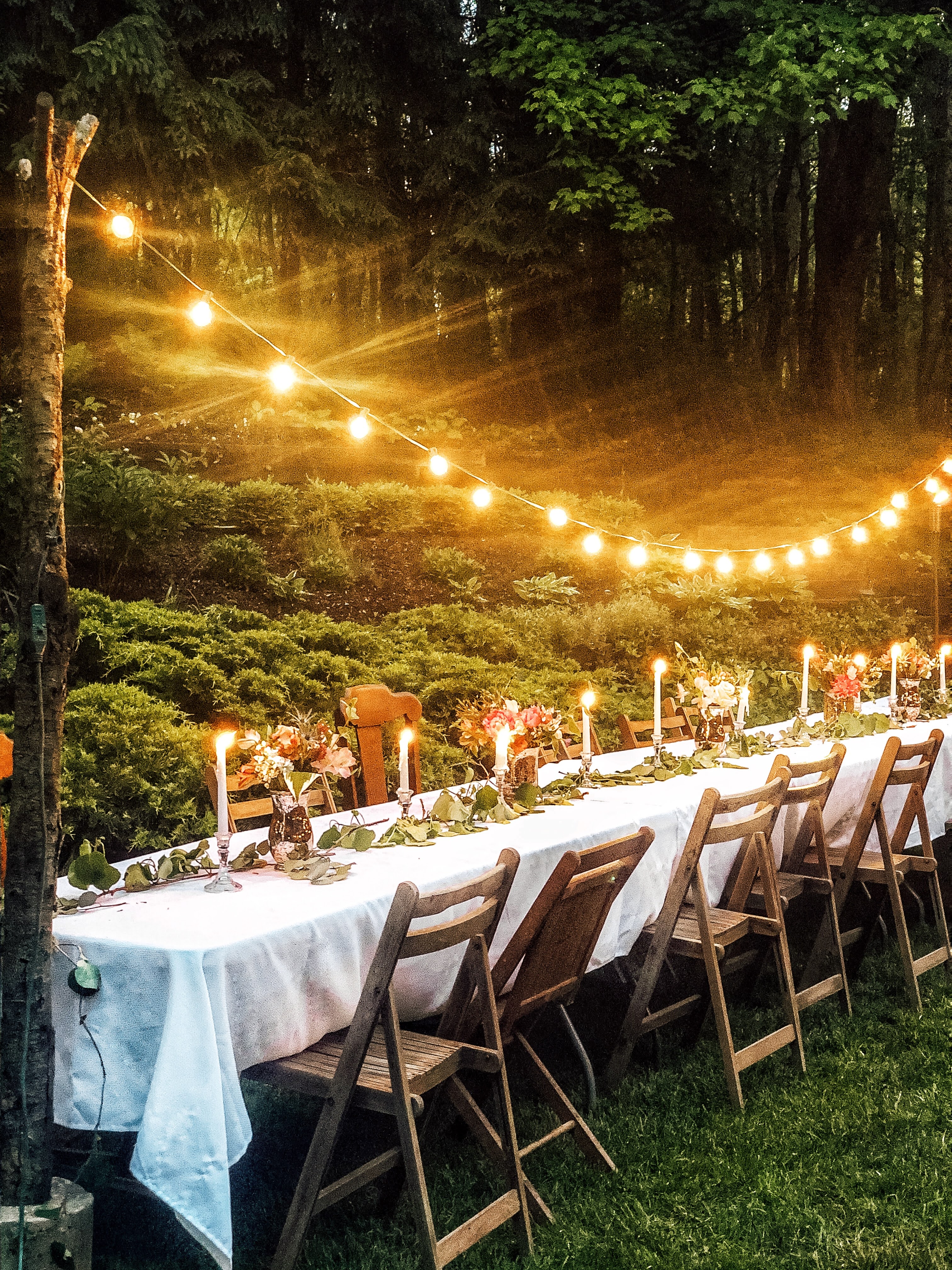 dinner table with twinkle lights