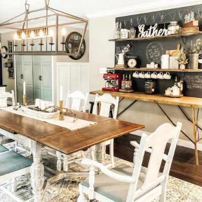 dining room table coffee bar and farmhouse light