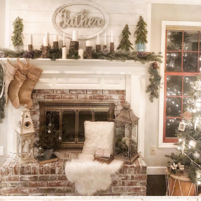 christmas mantel with tree and stockings
