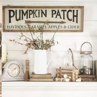 fall mantel with pumpkin picture and bittersweet