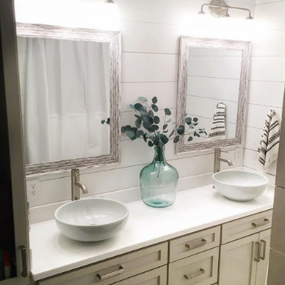 shiplap wall, vanity and sinks