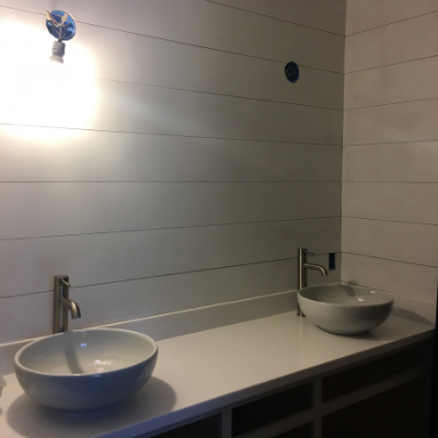 shiplap wall with vanity and sinks