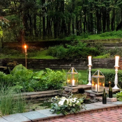 the koi pond with candles