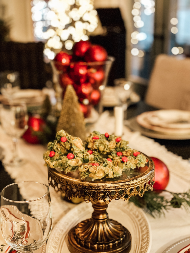 christmas tablescape with candy wreaths