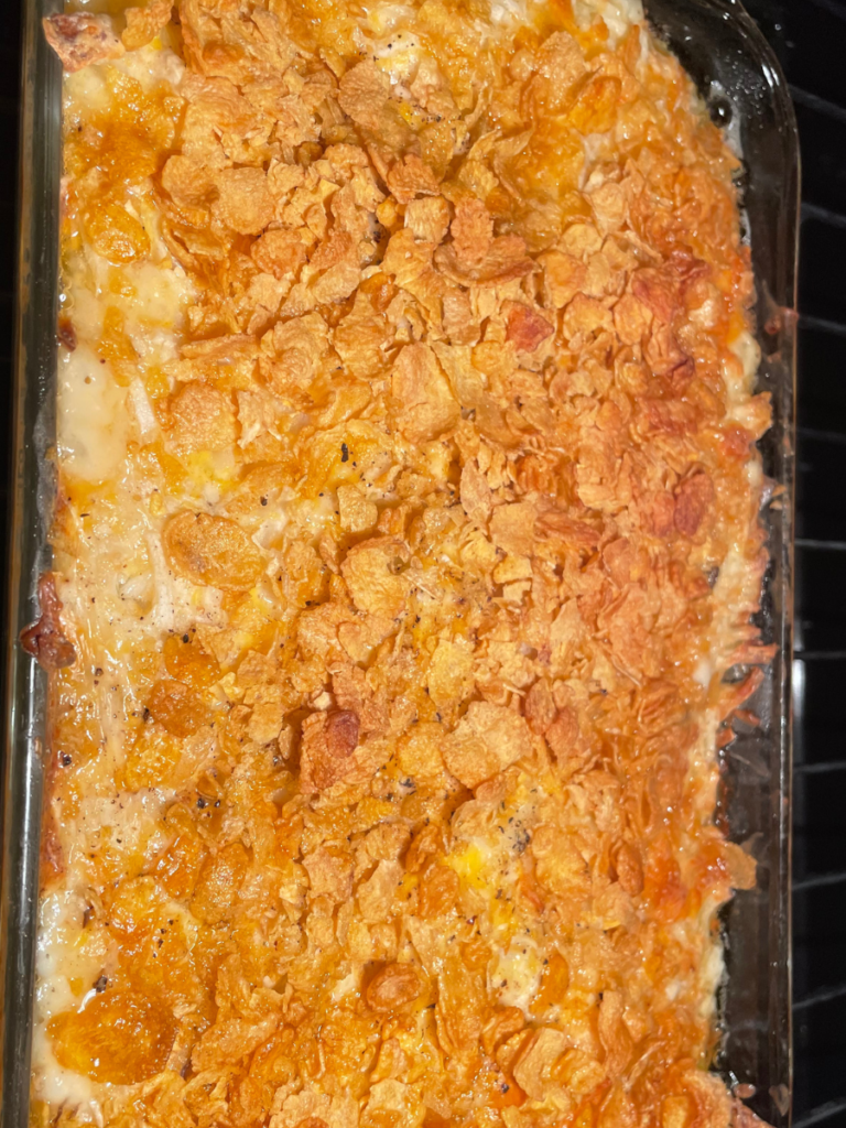 a casserole with corn flakes on top
