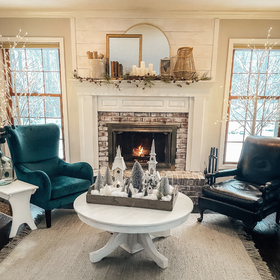 winter mantel with white birch trees 